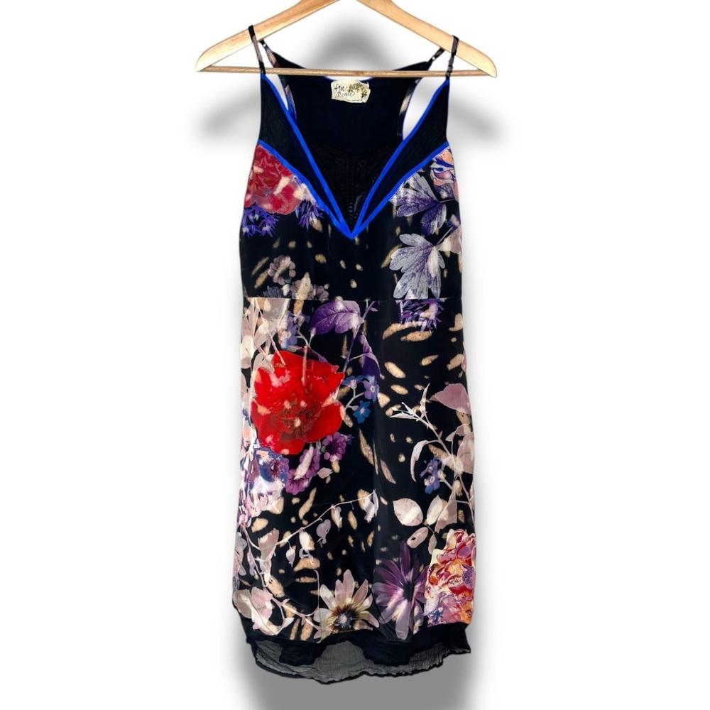 Free People Vintage Y2K Black Large Floral Print Sheer Hem Sleeveless Dress Sz M